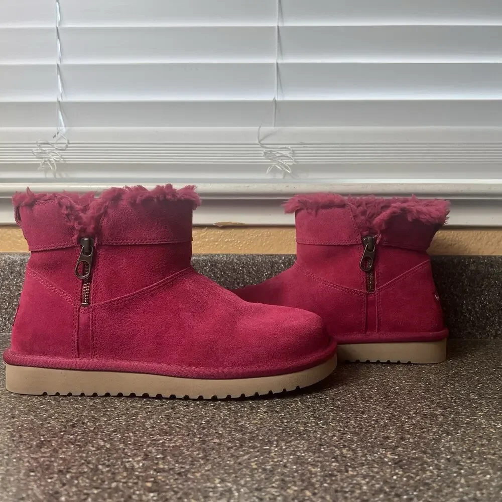 Koolaburra By Ugg Fuchsia Mini Ankle Boots Womens Size 9 Faux Fur Lining Pull On